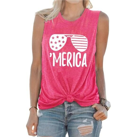 Women’s American Flag Tank – Sleeveless Sunglass Graphic Tee - Picture 3 of 7